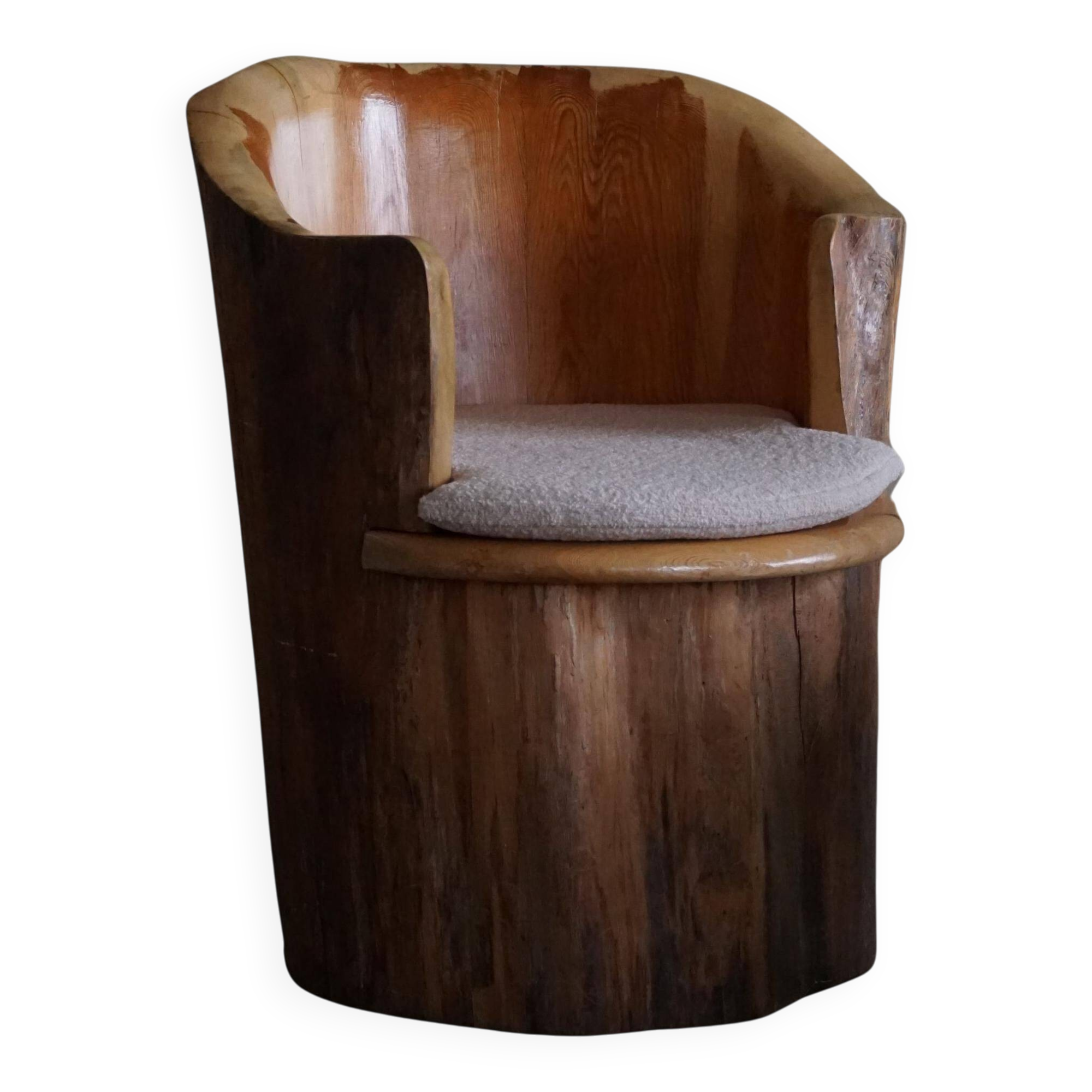 Sculptural stump chair, Brutalism, Wabi Sabi in solid pine, Swedish, 1968.