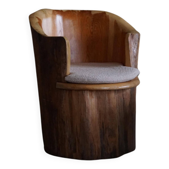 Sculptural stump chair, Brutalism, Wabi Sabi in solid pine, Swedish, 1968.