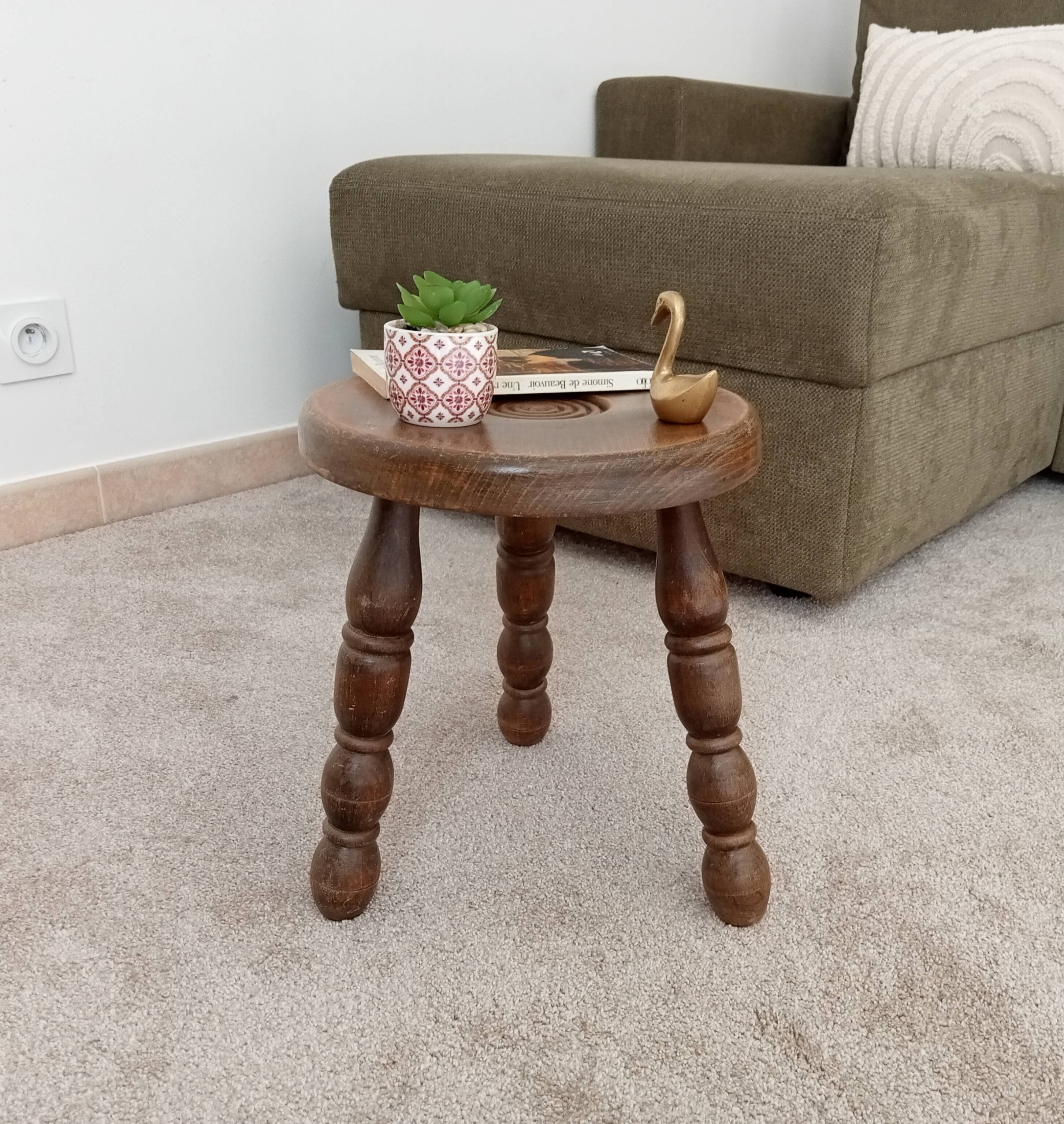 Vintage turned wood tripod stool