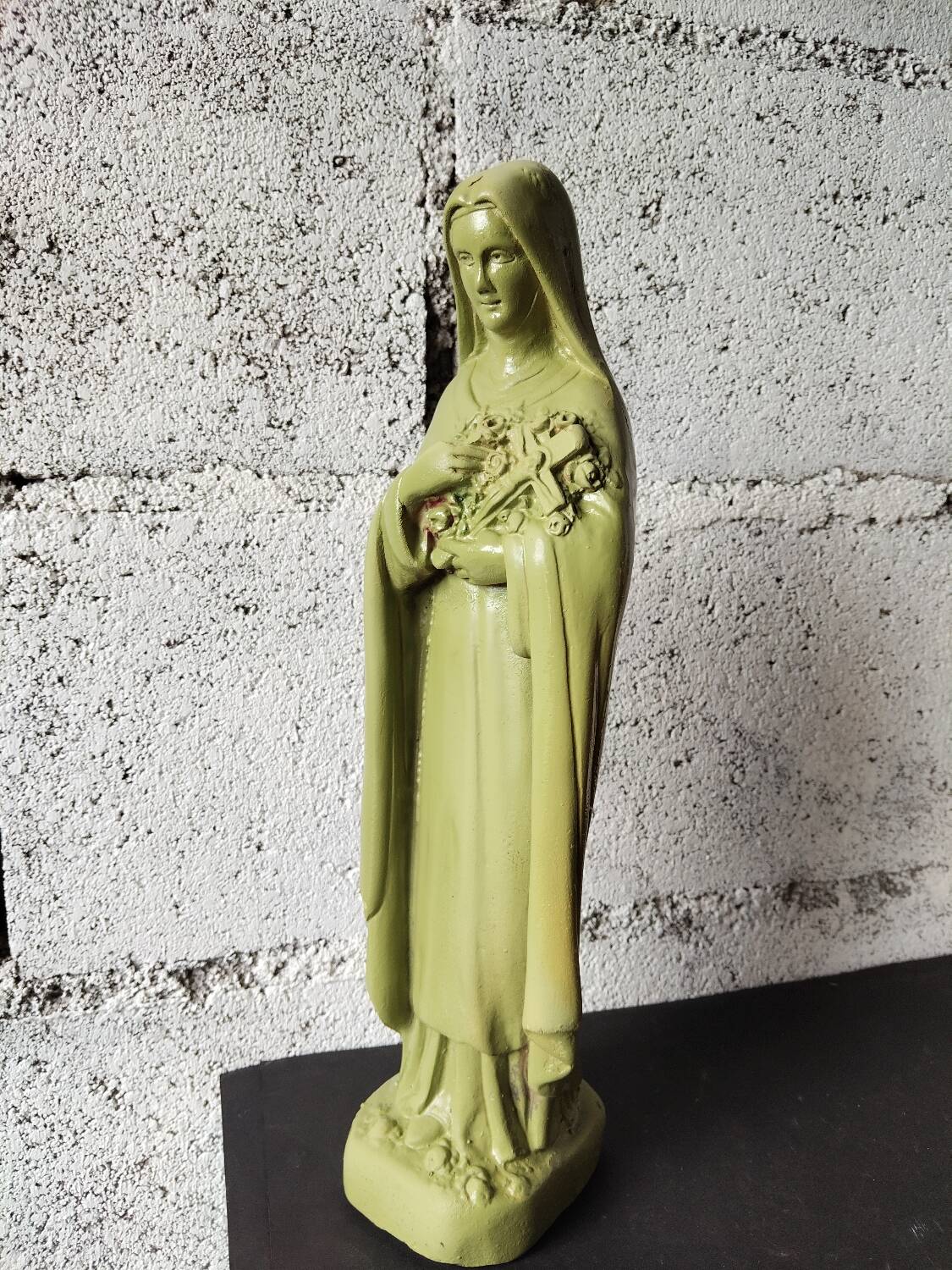 Ancient statue of Saint Thérèse of Lisieux – patinated olive green plaster