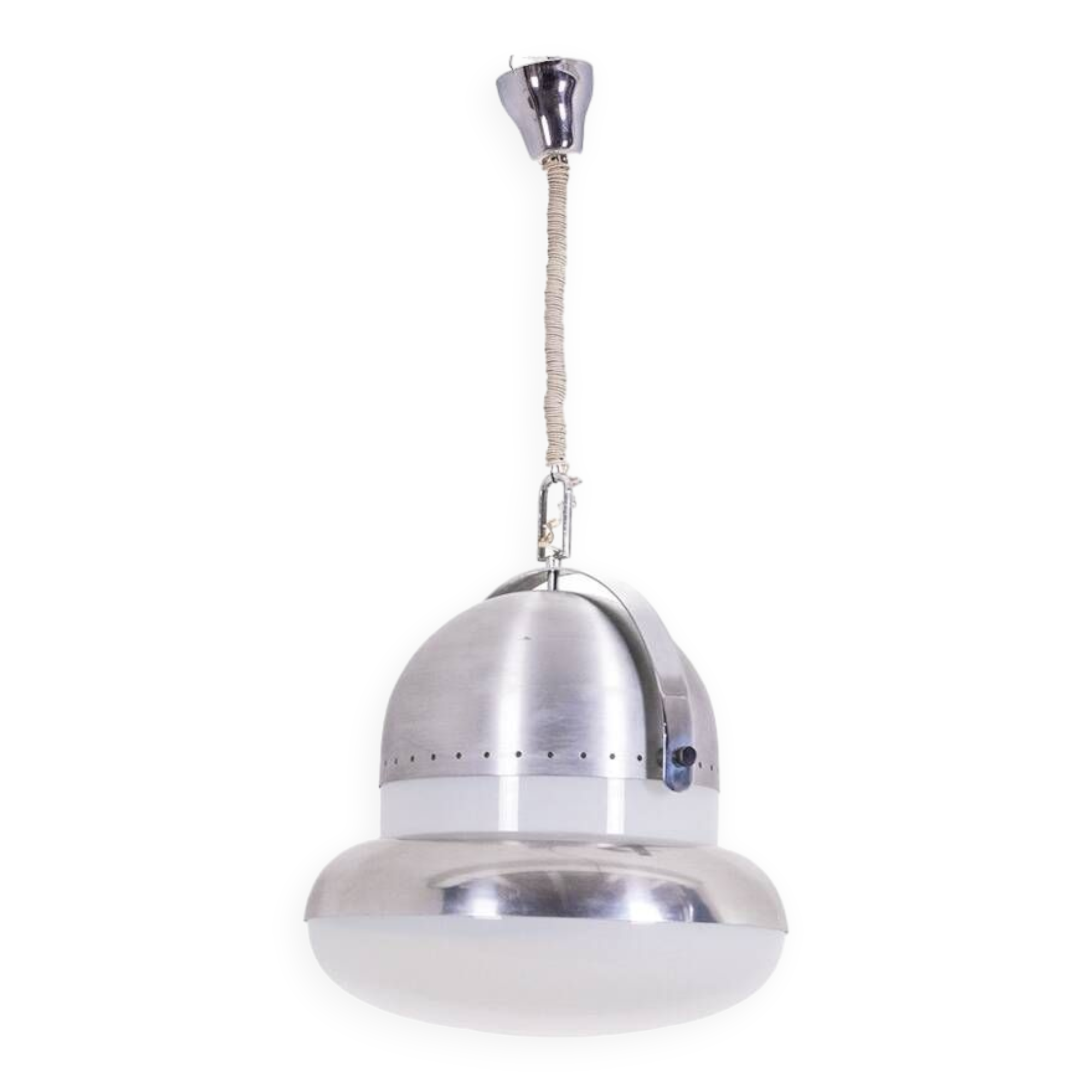 Industrial style suspension in brushed metal and opaline. 1970s.