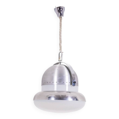 Suspension de Style industriel en métal brossé et opaline. Années 1970.