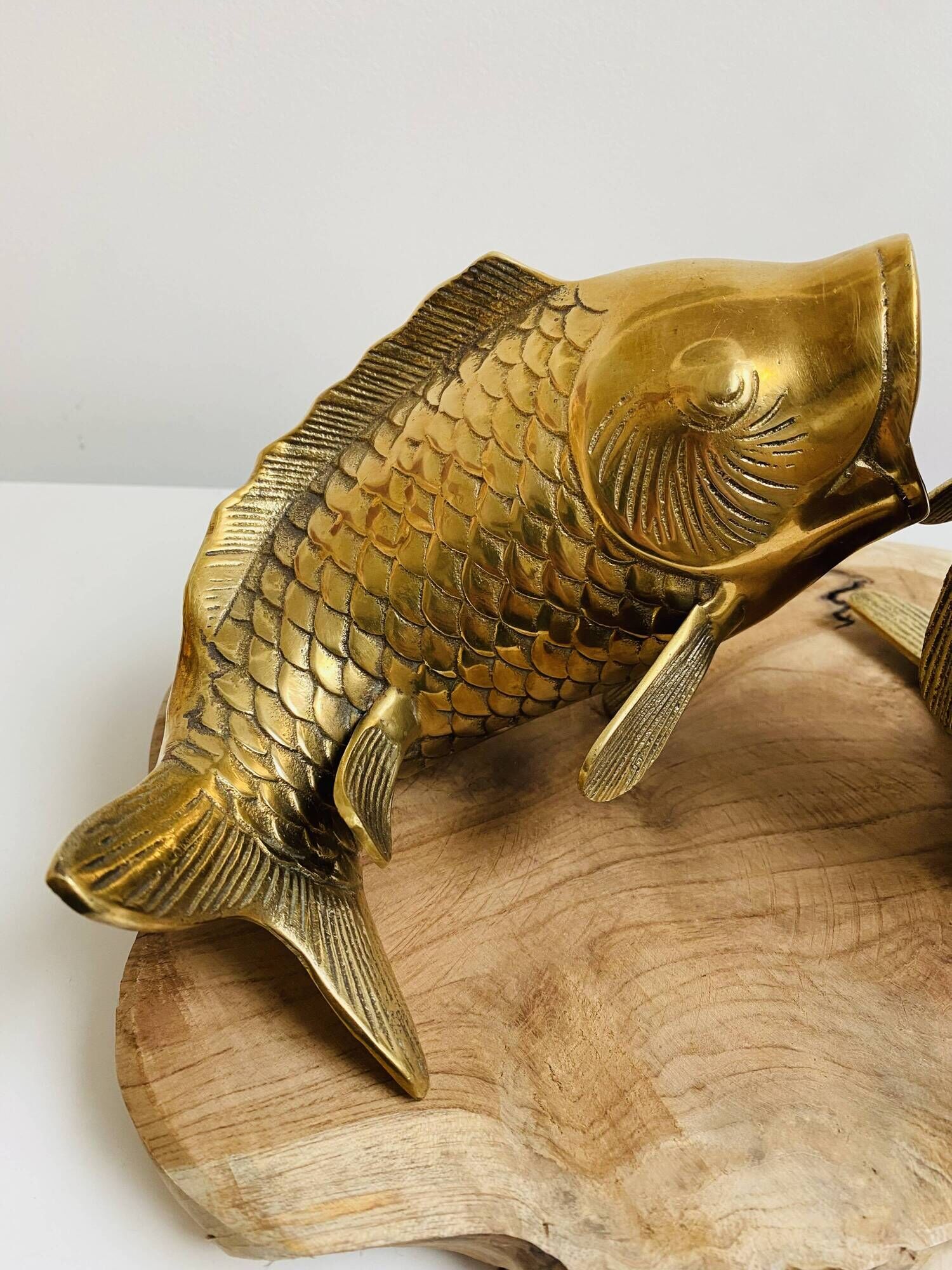 Pair of koi carp vases in brass, animal sculpture