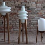 Space Age Floor Lamp, White Glass Lampshade, Wooden Tripod Base, 1960s