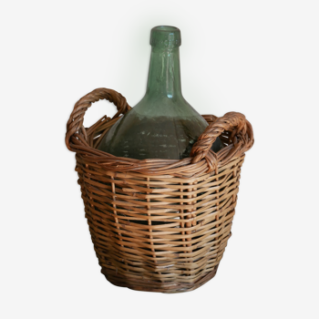 Demijohn green canister with her wicker basket