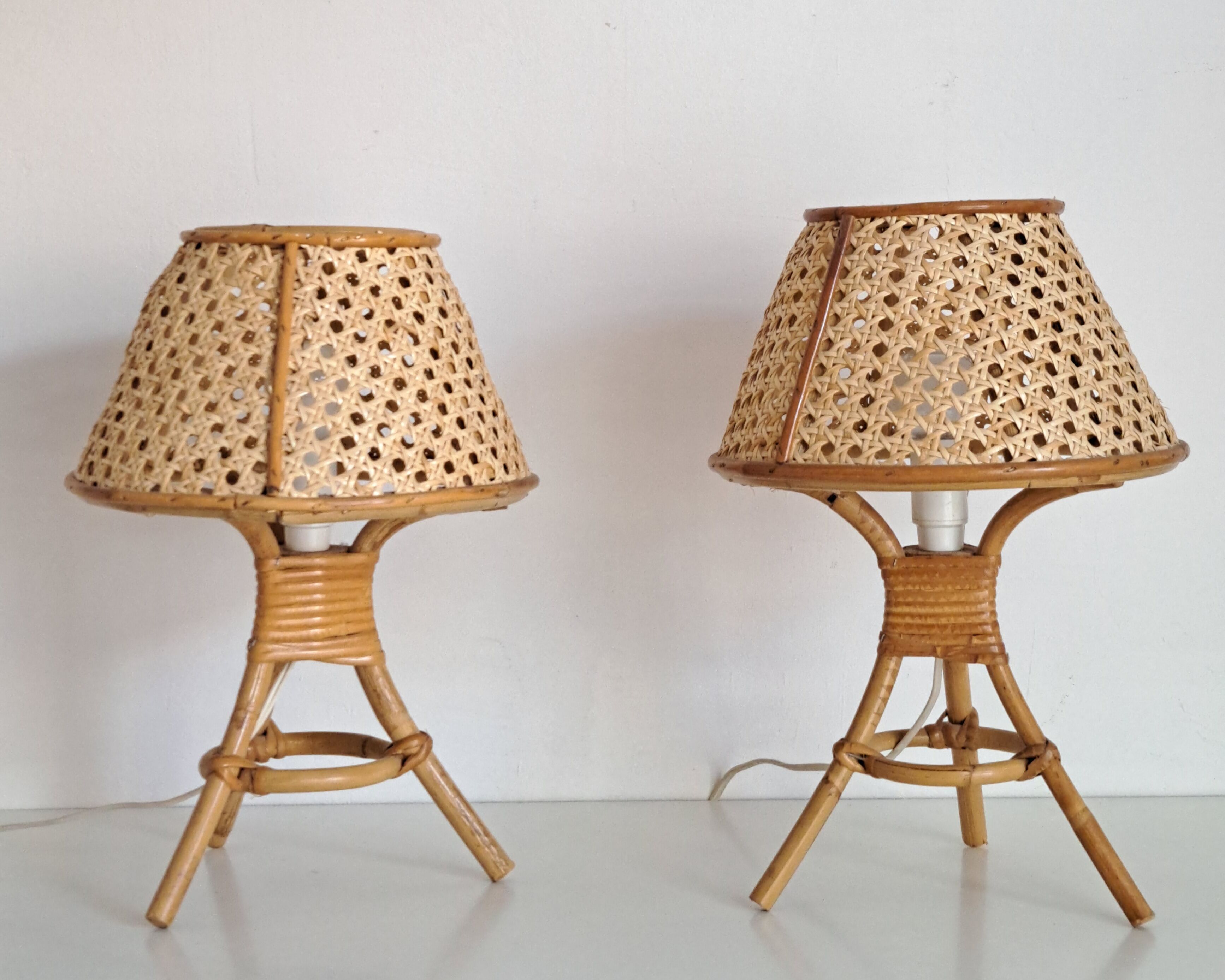 Pair of cane and bamboo lamps