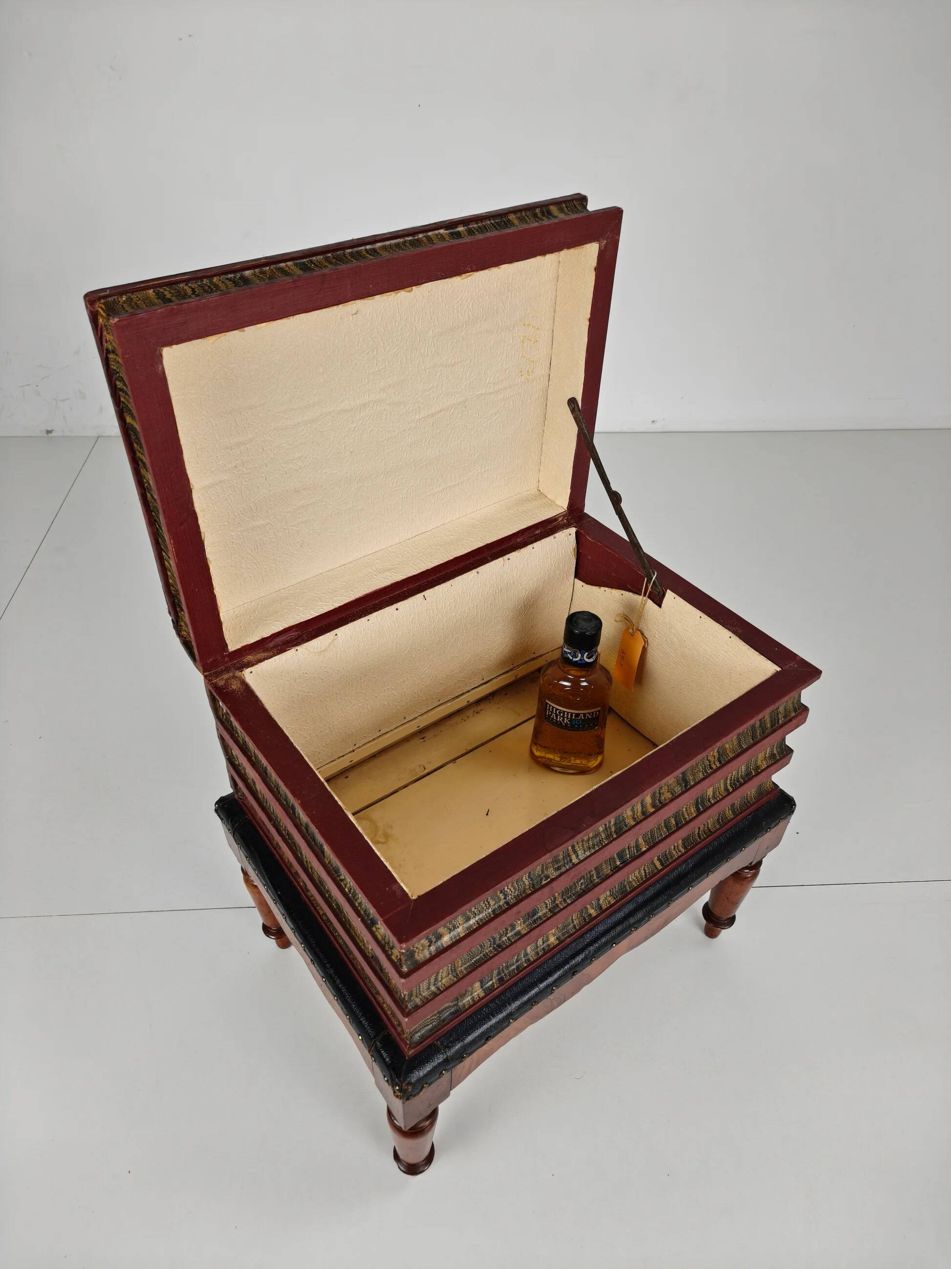 Leather faux book box on painted stand – English, circa 1830