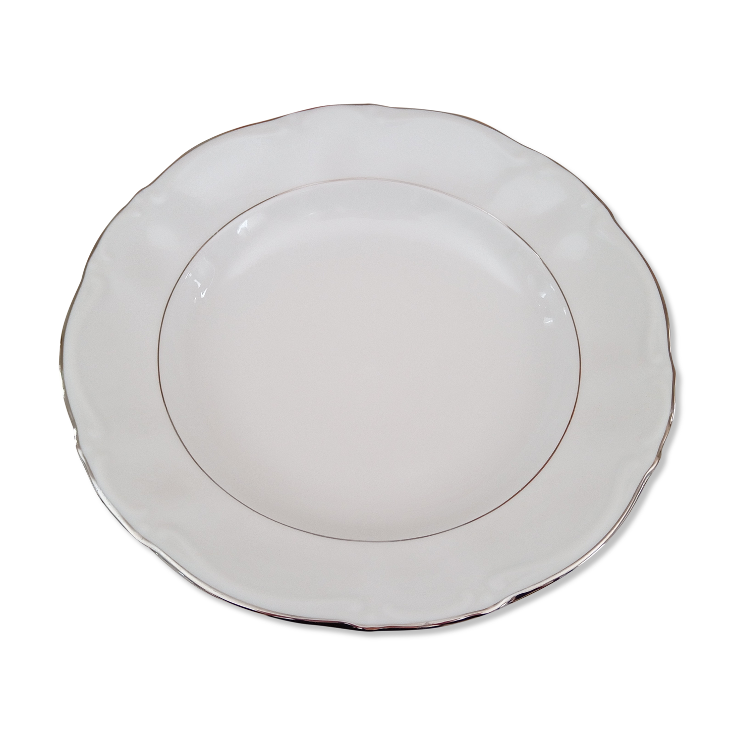 Plat rond creux grand modèle en porcelaine Kronester Bavaria blanche et liseré argenté