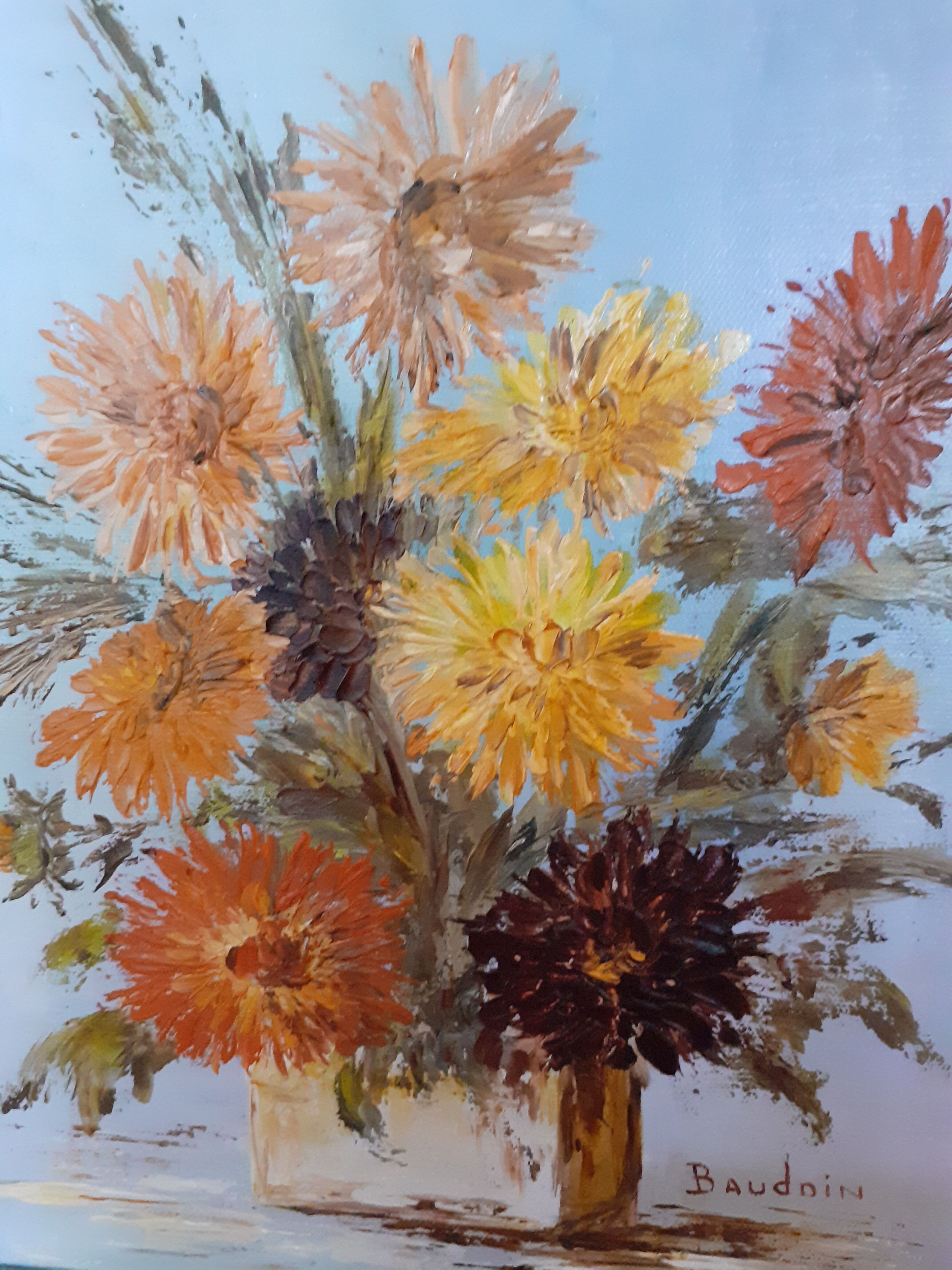 Ancient oil on canvas signed flower motif very beautiful silver framing