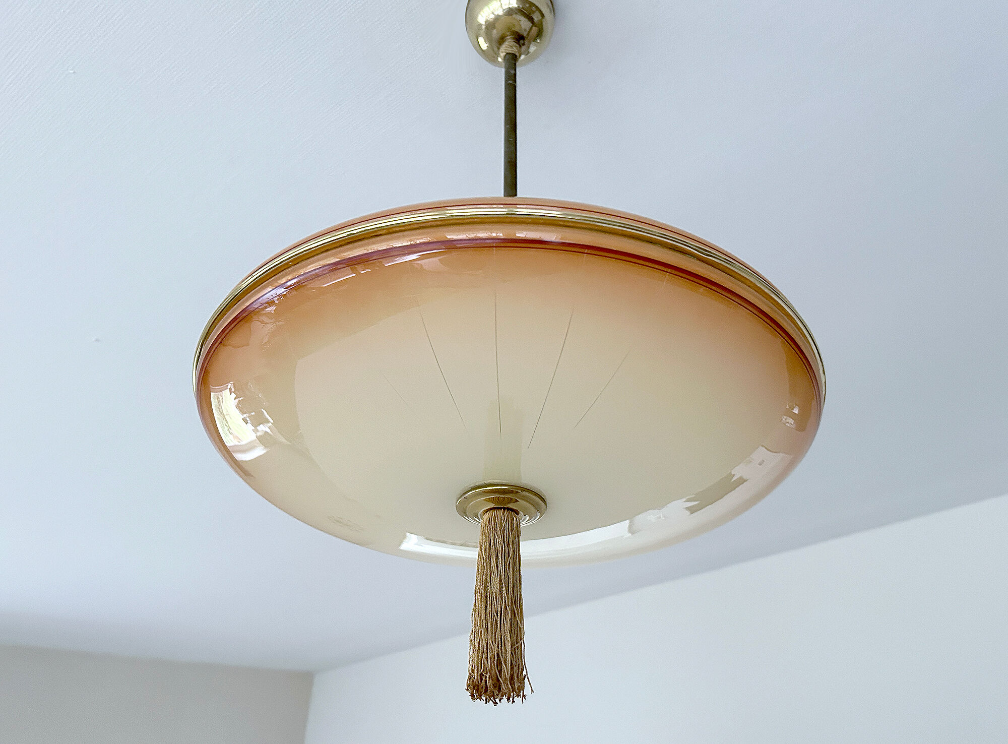 Vintage art deco pendant lamp, gradient glass, red beige, brass, 30 years