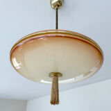 Vintage art deco pendant lamp, gradient glass, red beige, brass, 30 years