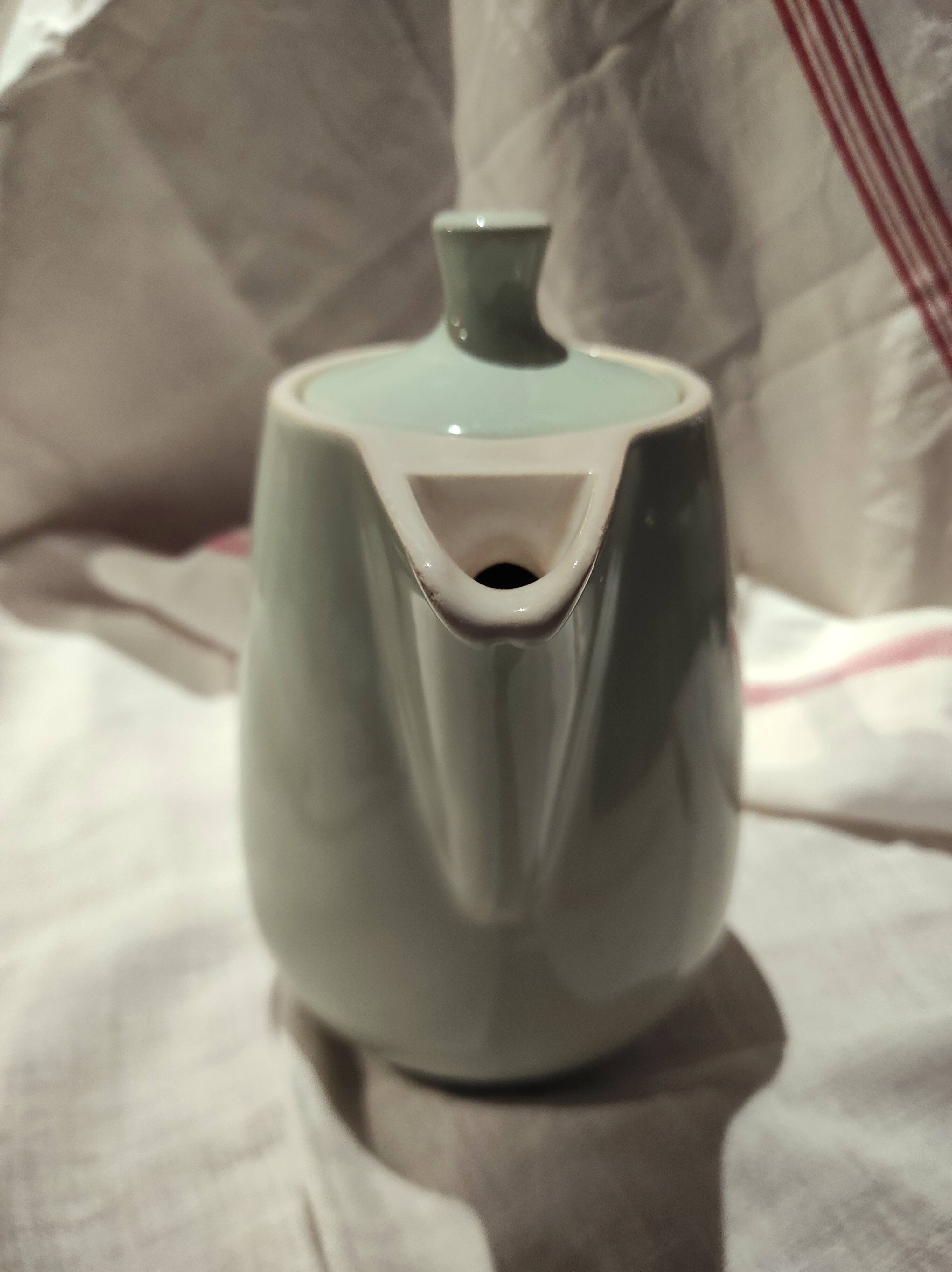 Vintage French large coffee pot in light green ceramic