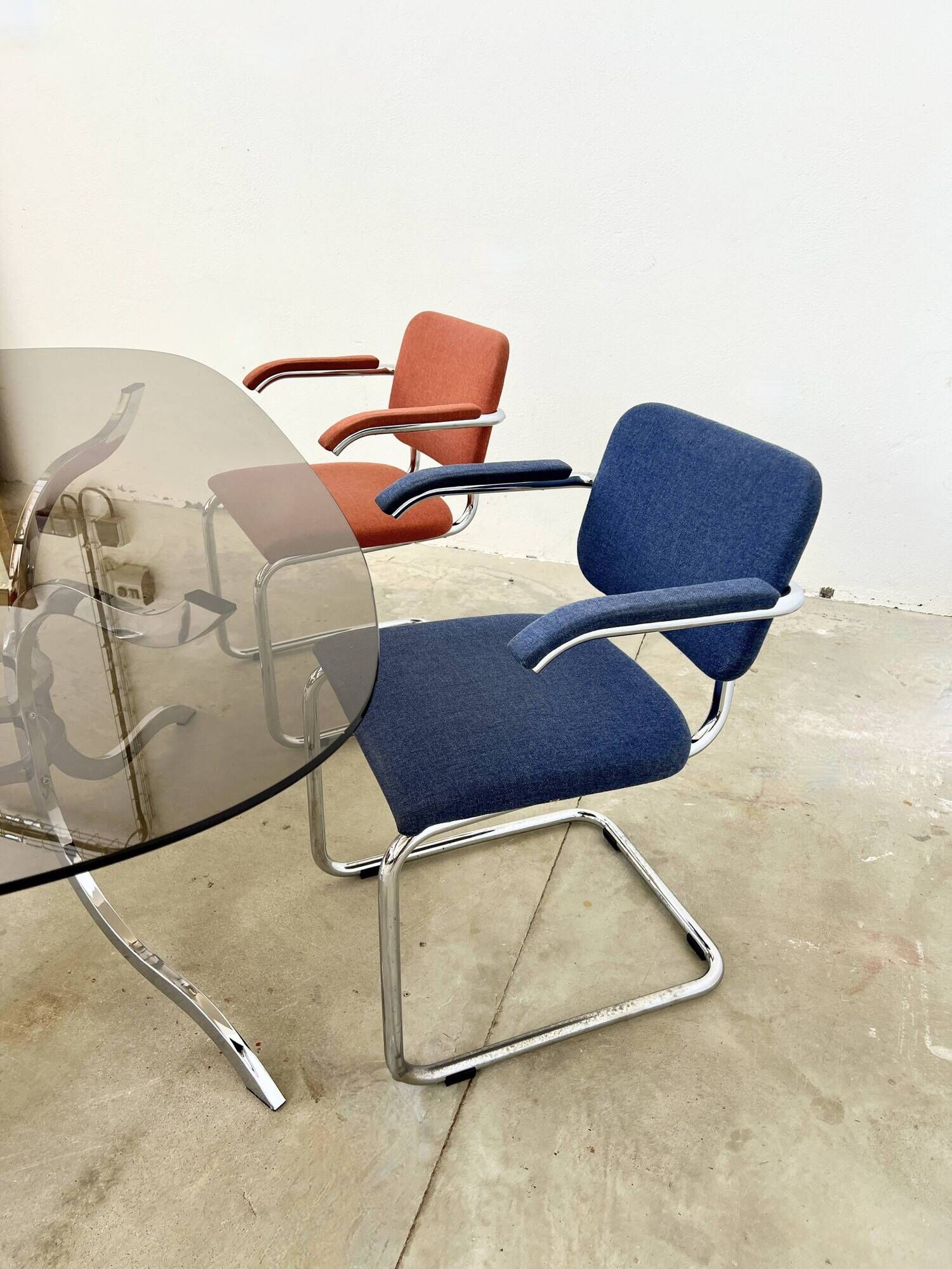 Pair of Marcel Breuer B64 Knoll armchairs in coral fabric