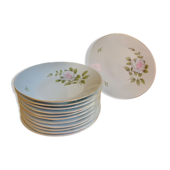 12 assiettes creuses en porcelaine bavaroise - Roses