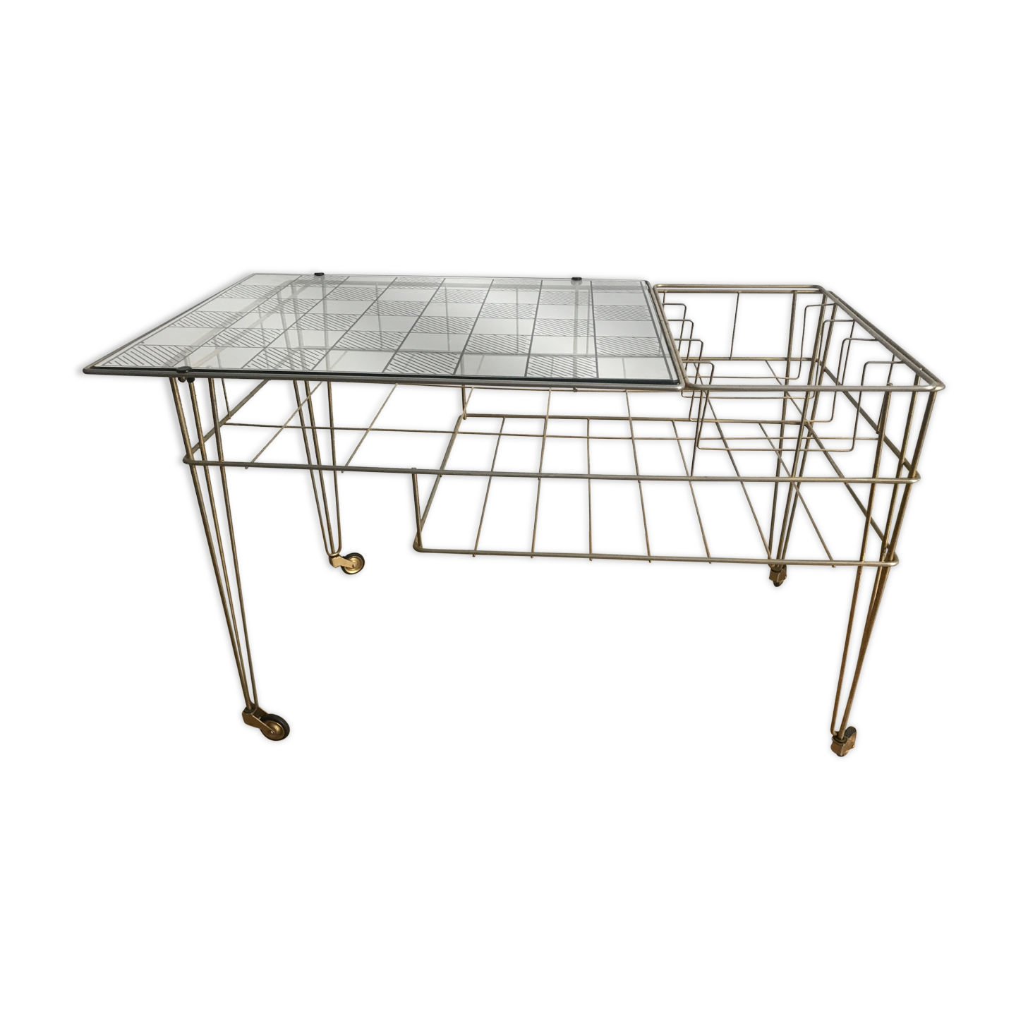 Side table gold vinyl door with wheels eiffel legs and glass checkered top