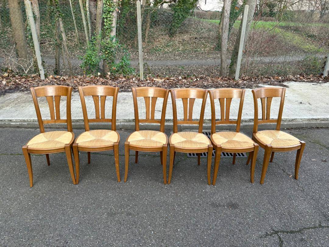 6 Louis XVI Directoire style chairs from the 20th century with rush seats.