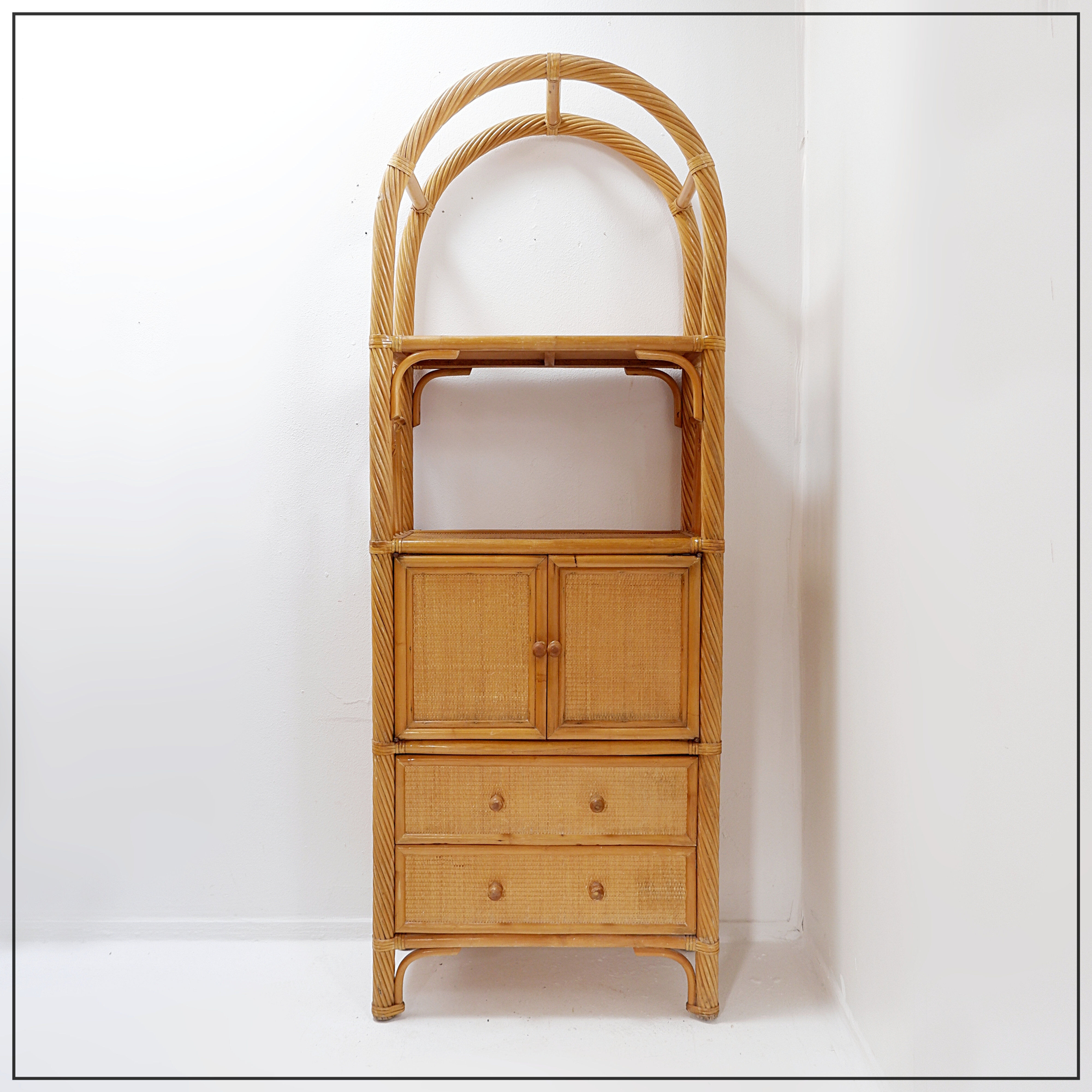 Vintage bamboo bookcase with drawers, 1980s