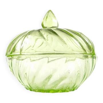 Art Deco bonbonniere with lid, pressed uranium glass, Poland, 1930s