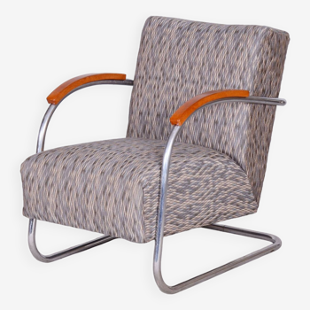 Fauteuil Bauhaus restauré, par Mücke-Melder, rembourrage original, tchèque, années 1930