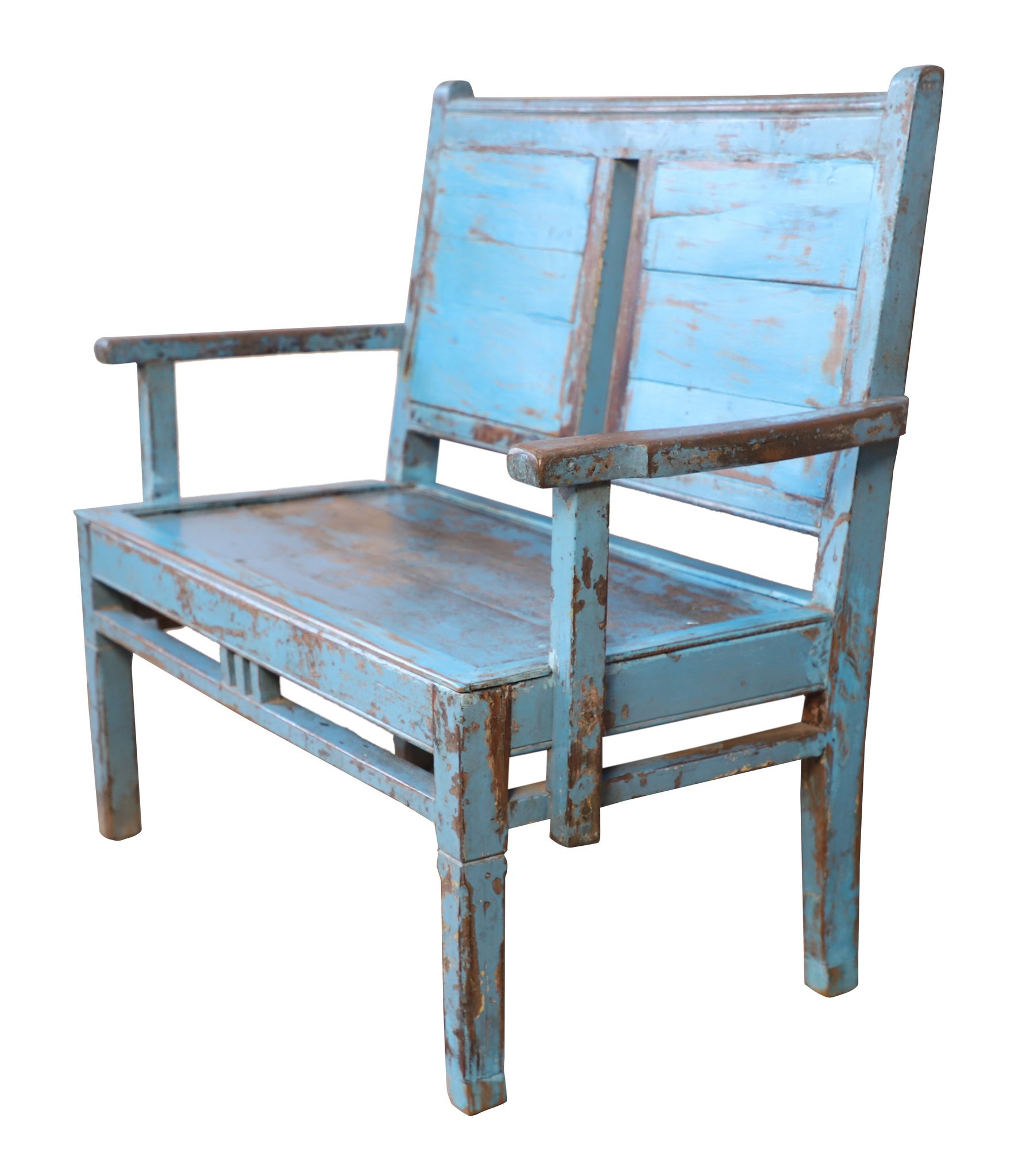 Old 2-seater Burmese teak bench with original blue patina