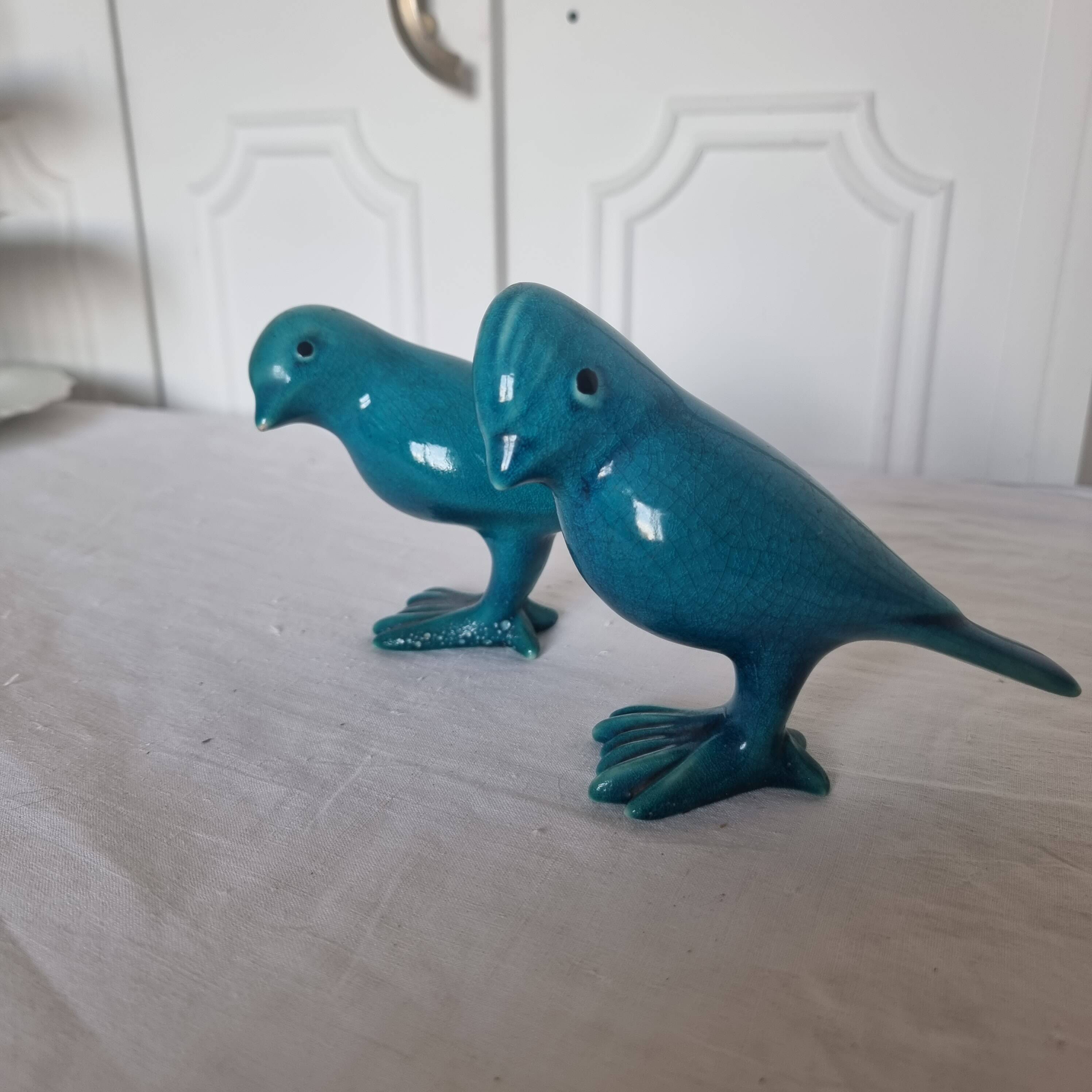 Pair of Art Deco Birds in Blue Porcelain from the 40s-50s signed
