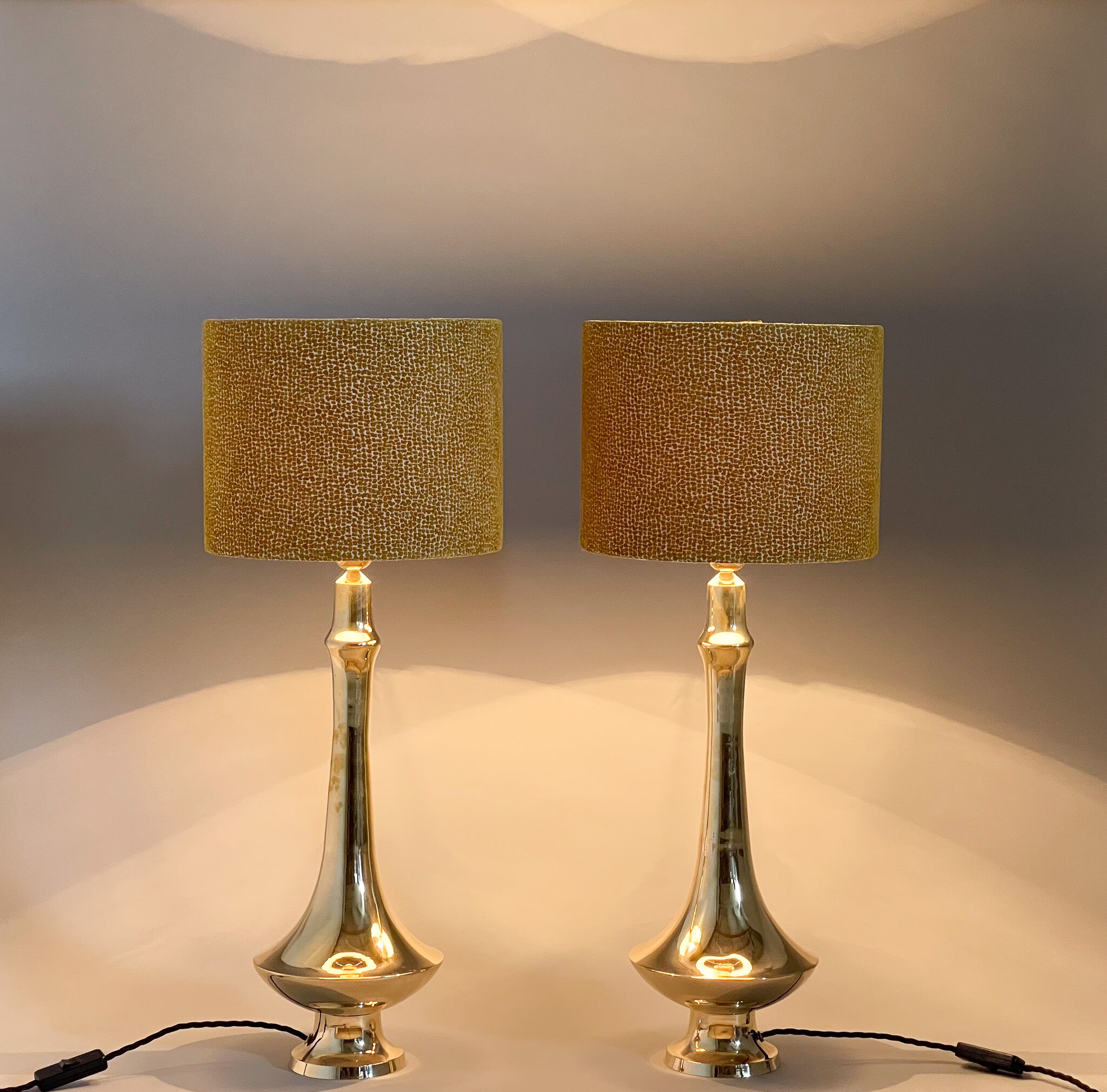 Pair of tall brass table lamps, 1950s, restored