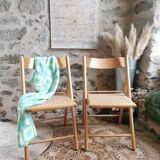2 Vintage Folding Chairs, Beech and Rattan Canework