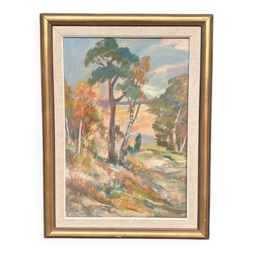 Grande huile sur toile suédoise originale - "Forêt" par Katharina Fontain - Signée - Vintage et encadrée - 60 × 80 cm (23,6" × 31,5")