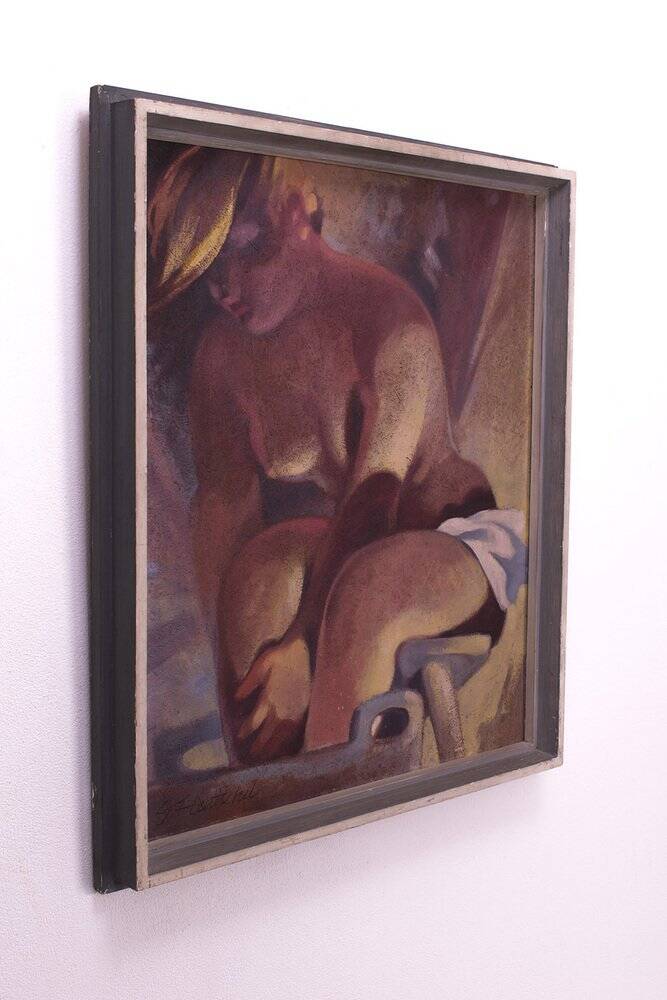 Femme se lavant, peinture à l'huile, encadrée