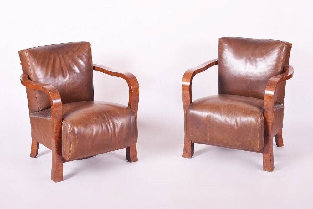 Vintage Art Deco Lounge Set in Walnut and Leather, 1930s, Set of 3