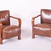 Canapé et 2 fauteuils Art Déco vintage en noyer et cuir, années 1930