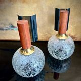 Pair of wall lights with blown glass balls, metal and teak from the 50s