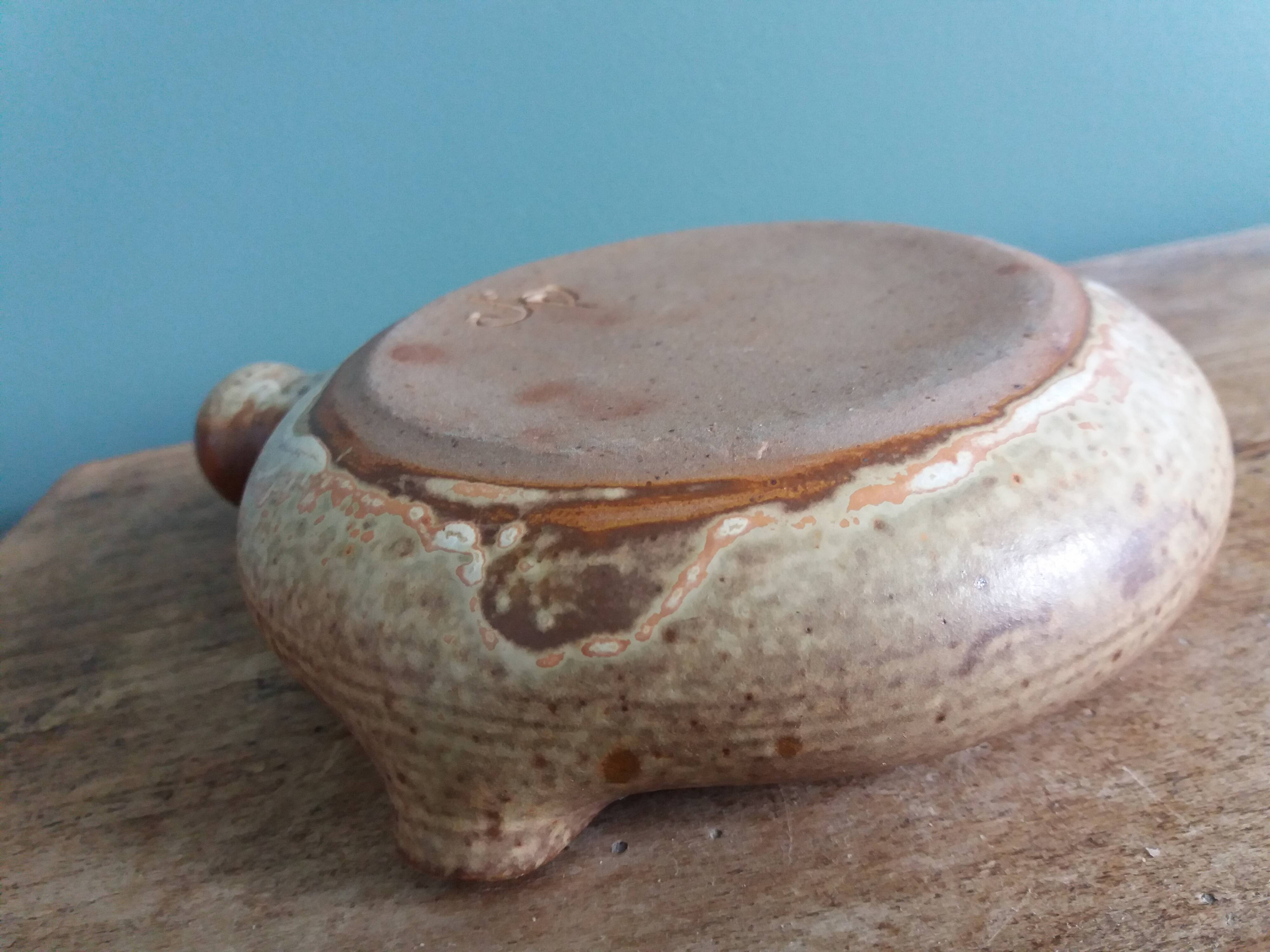 Caquelon signed Jean-Pierre Prud'homme in Puisaye stoneware