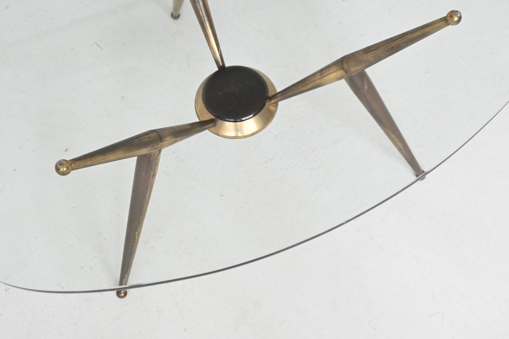 Italian tripod triangle coffee table brass and glass Italy 1950