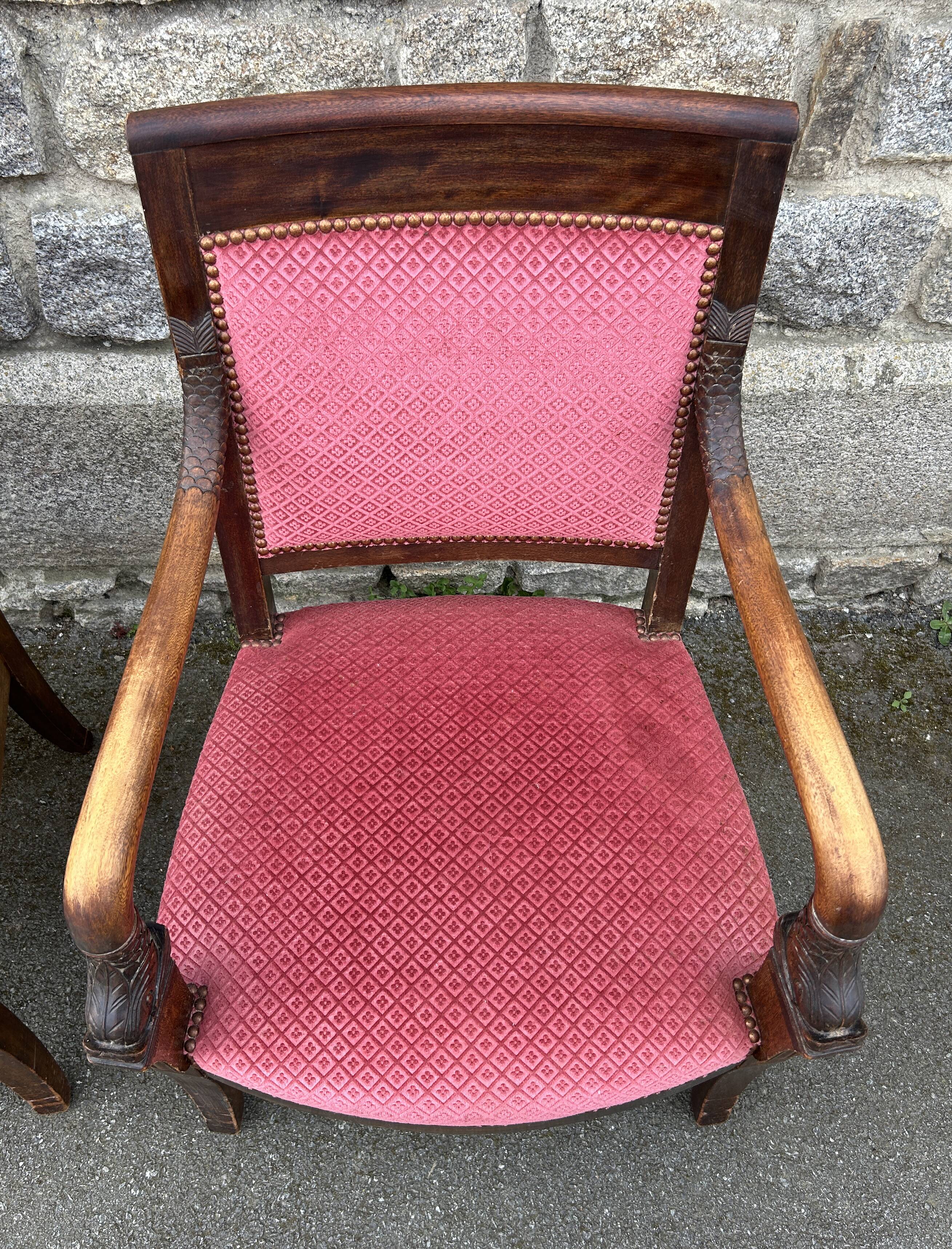 Pair of Empire armchairs, Consulate, walnut and velvet, 19th century.