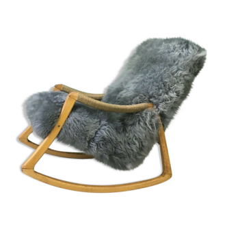 Vintage bentwood and sheepskin rocking chair from TON, 1960s