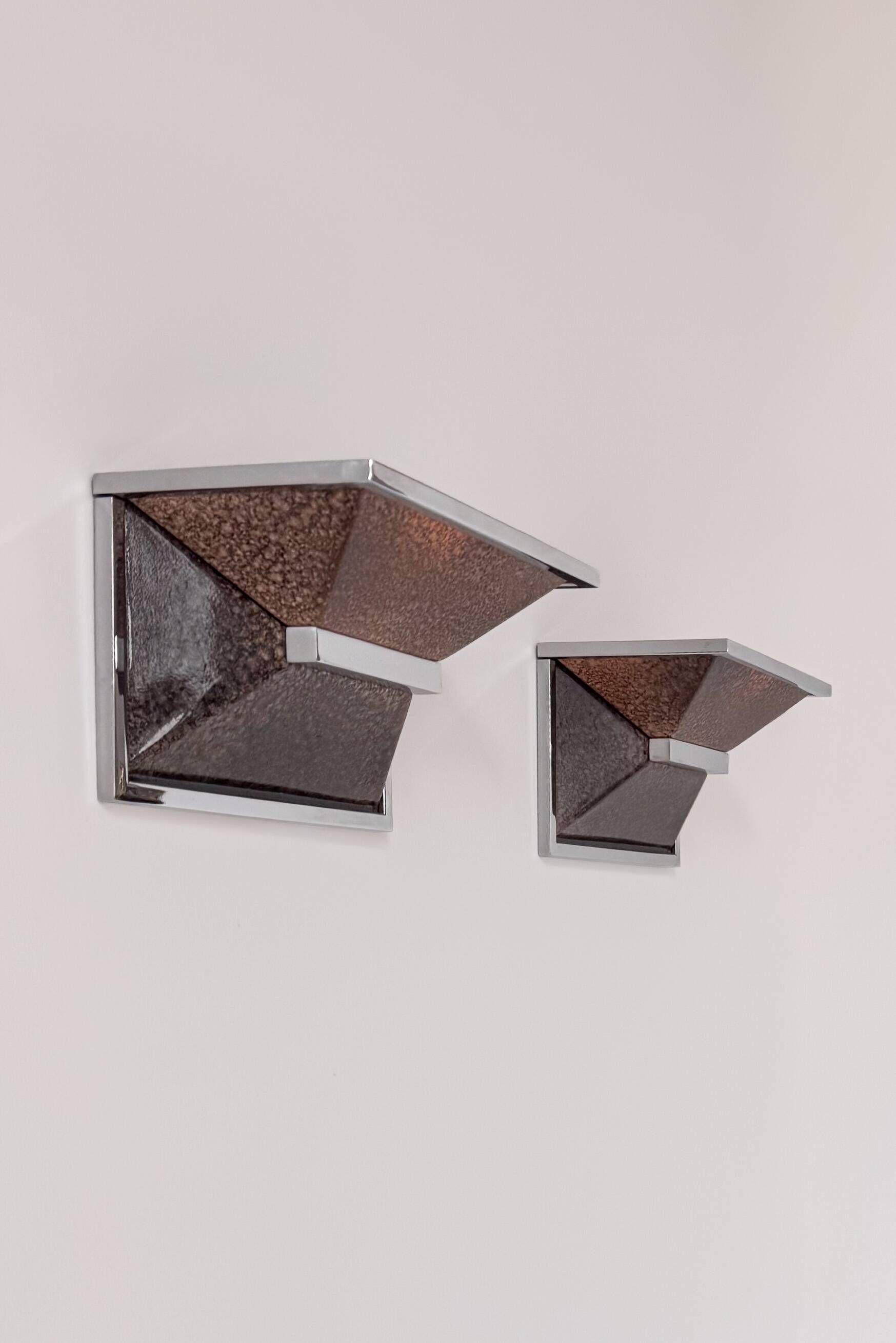 Pair of vintage wall lights, chrome and enamelled metal, France 1970.