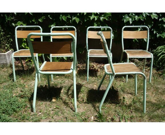 Lot de 6 chaises d'école vintage fer et bois