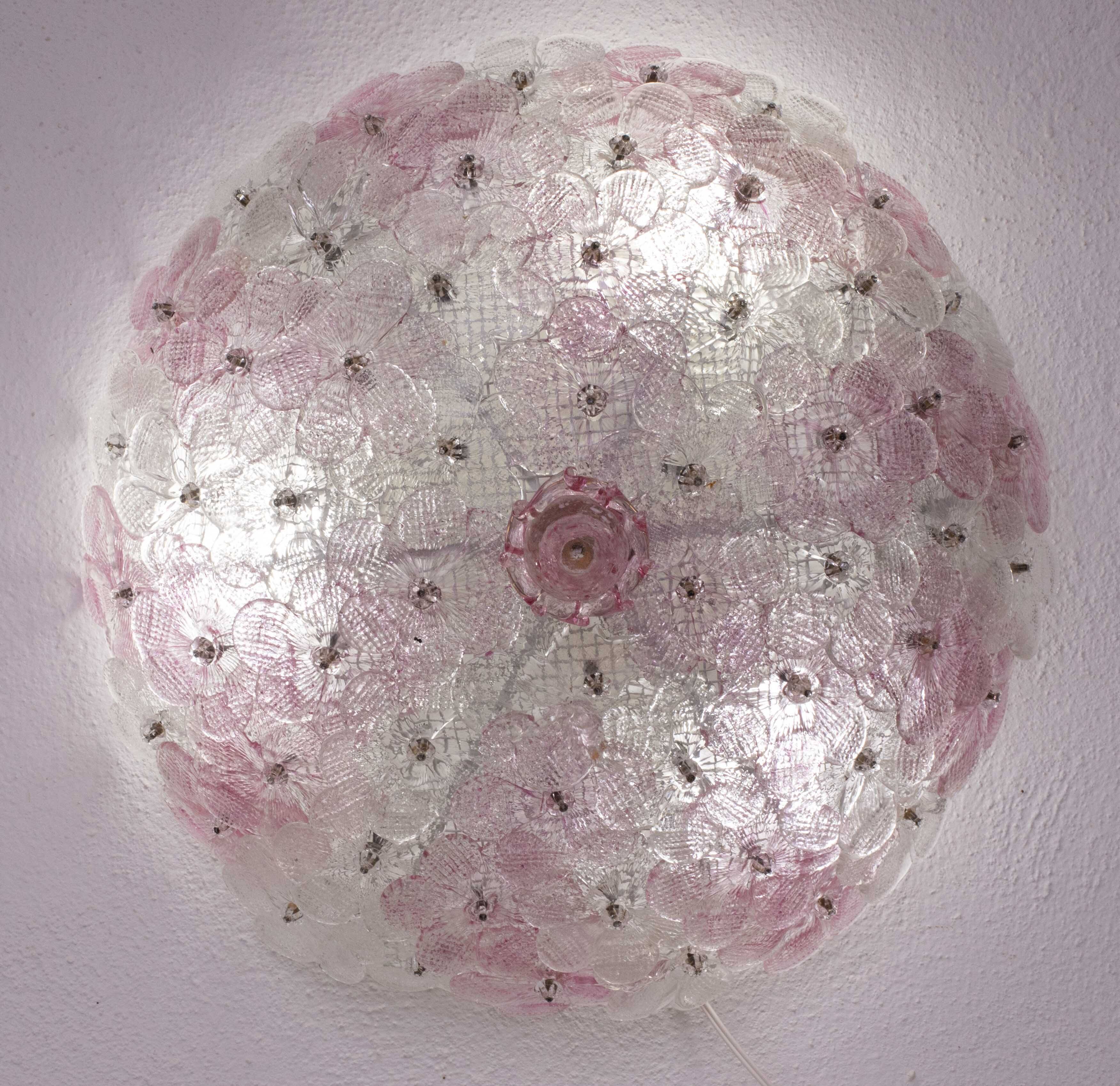 Charming Murano Ceiling Light Pink Flower by Seguso for Venini, Italy, 1970