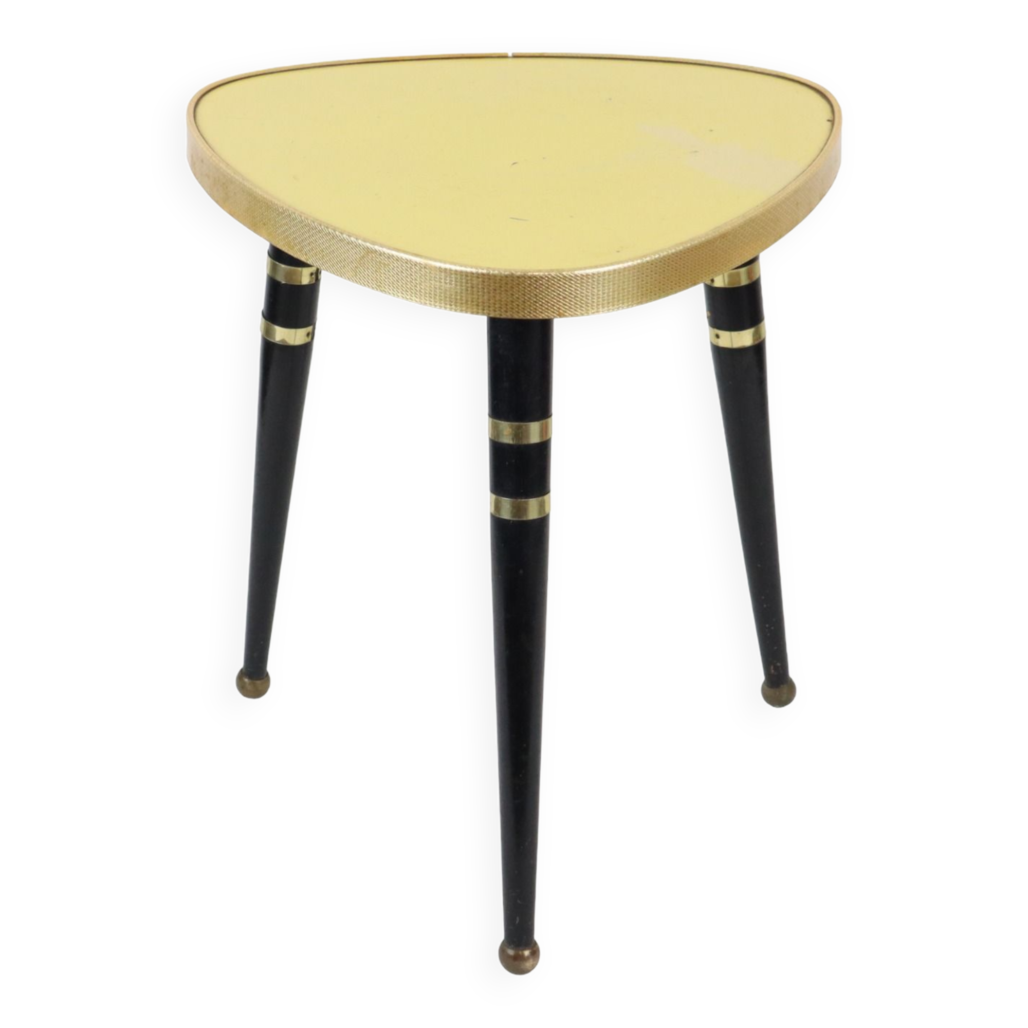 Seventies yellow triangular plant table design formica copper conical