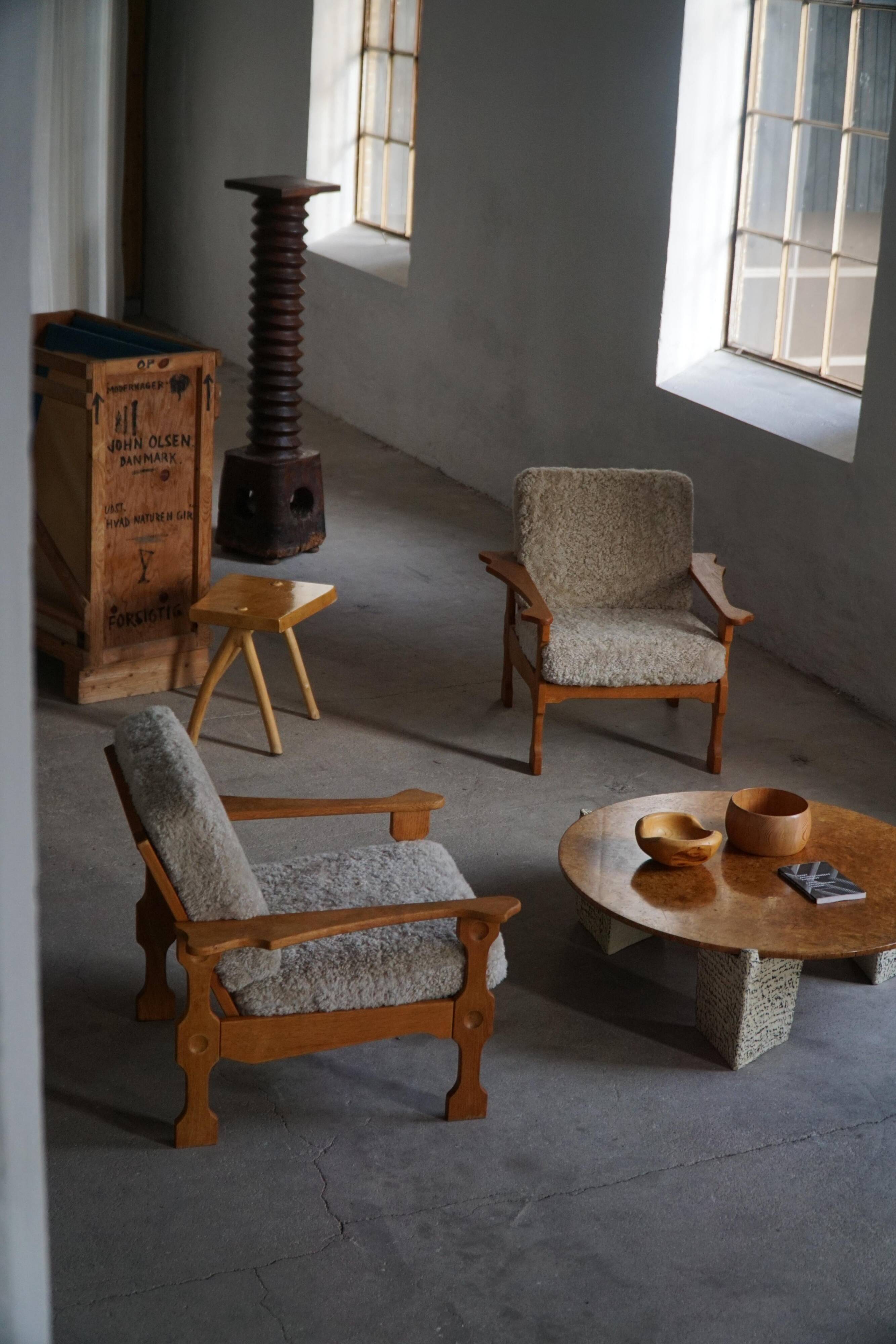Modern Danish, Pair of Lounge Armchairs in Oak and Lambswool, Henning Kjærnulf, 1960s