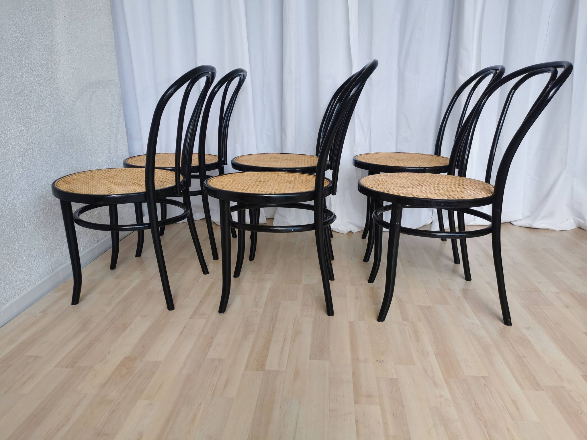 Set of 6 Vintage Thonet Style Dining Chairs: Black Bentwood Cane Seat