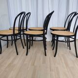 Set of 6 Vintage Thonet Style Dining Chairs: Black Bentwood Cane Seat