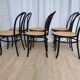 Set of 6 Vintage Thonet Style Dining Chairs: Black Bentwood Cane Seat