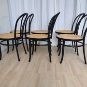 Set of 6 Vintage Thonet Style Dining Chairs: Black Bentwood Cane Seat