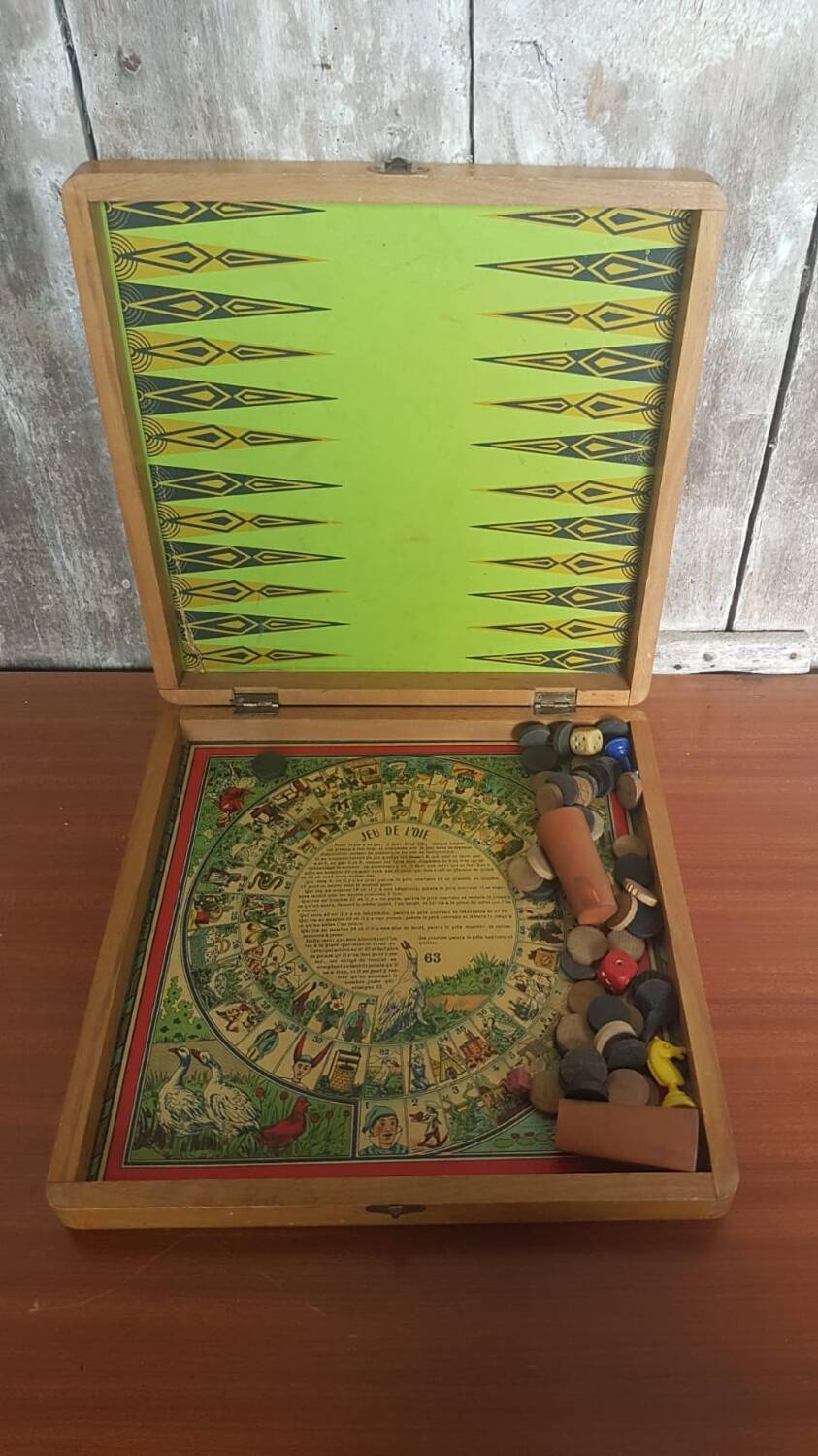 Ancien Plateau De Jeu De L’Oie Dames Petits Chevaux En Bois Vintage #A690