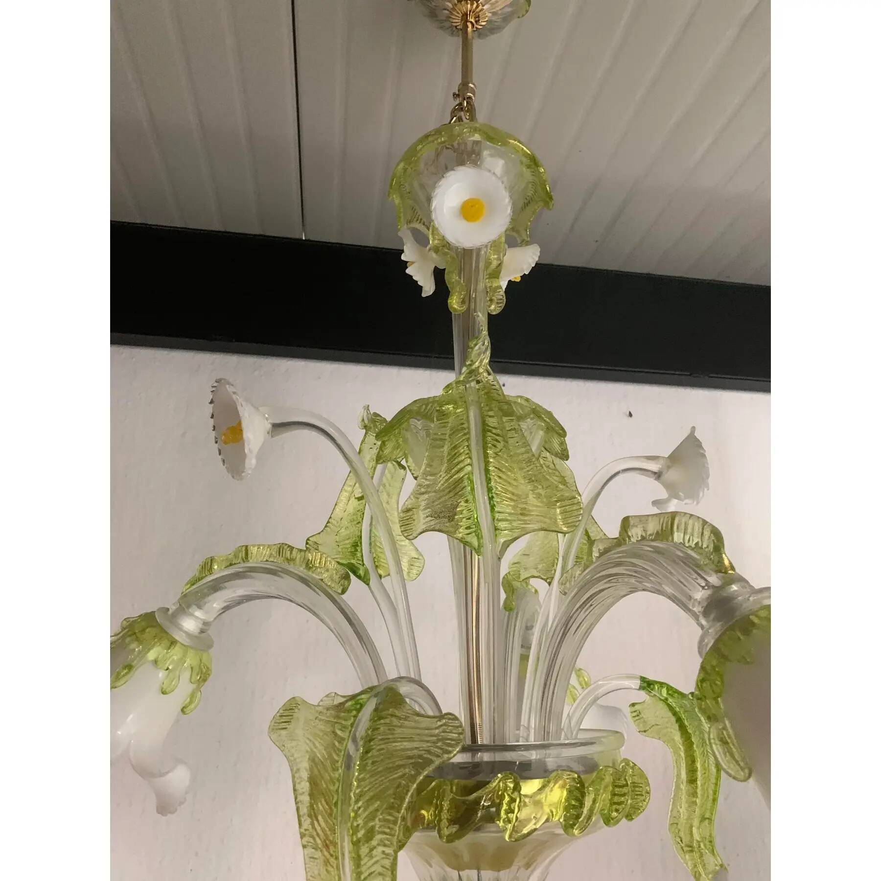 Floral and Green Leaf Milky “Calle” Glass Chandelier
