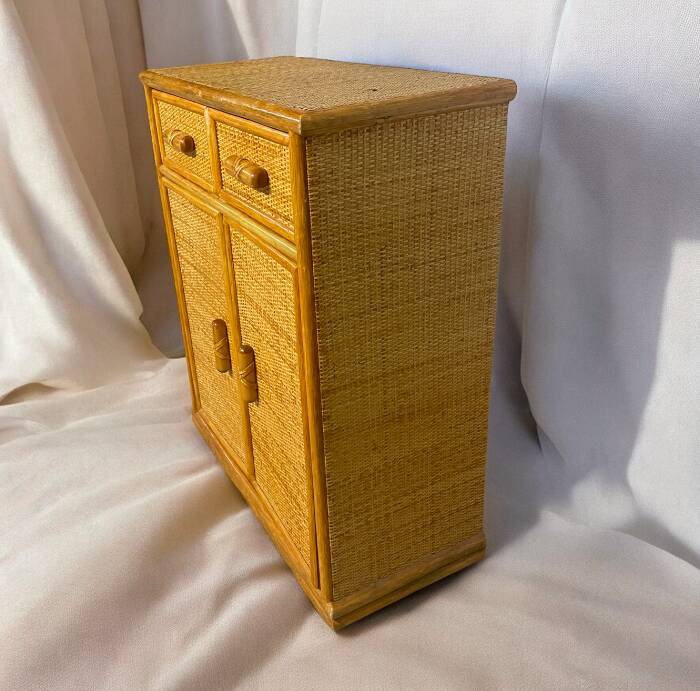 Vintage wooden and rattan chest of drawers