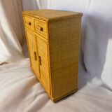 Meuble commode vintage en bois et rotin