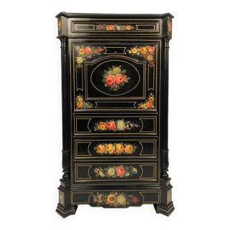 Lacquered wooden secretary desk with rich flower decorations on a black background, 19th century